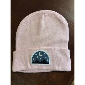 Handmade glow in the dark Beanie with Embroidered Mountain Moon Celestial Patch